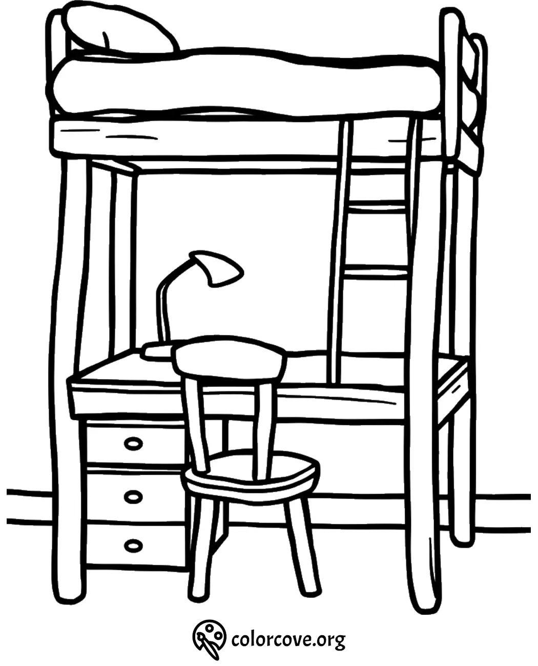 Loft bed with a desk and chair coloring page, featuring a cozy setup with ladder and lamp for children's room.