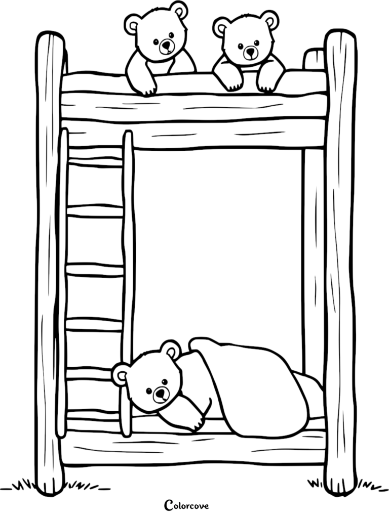 Two teddy bears peeking over the top bunk while another bear sleeps in the bottom bunk in this printable coloring page.