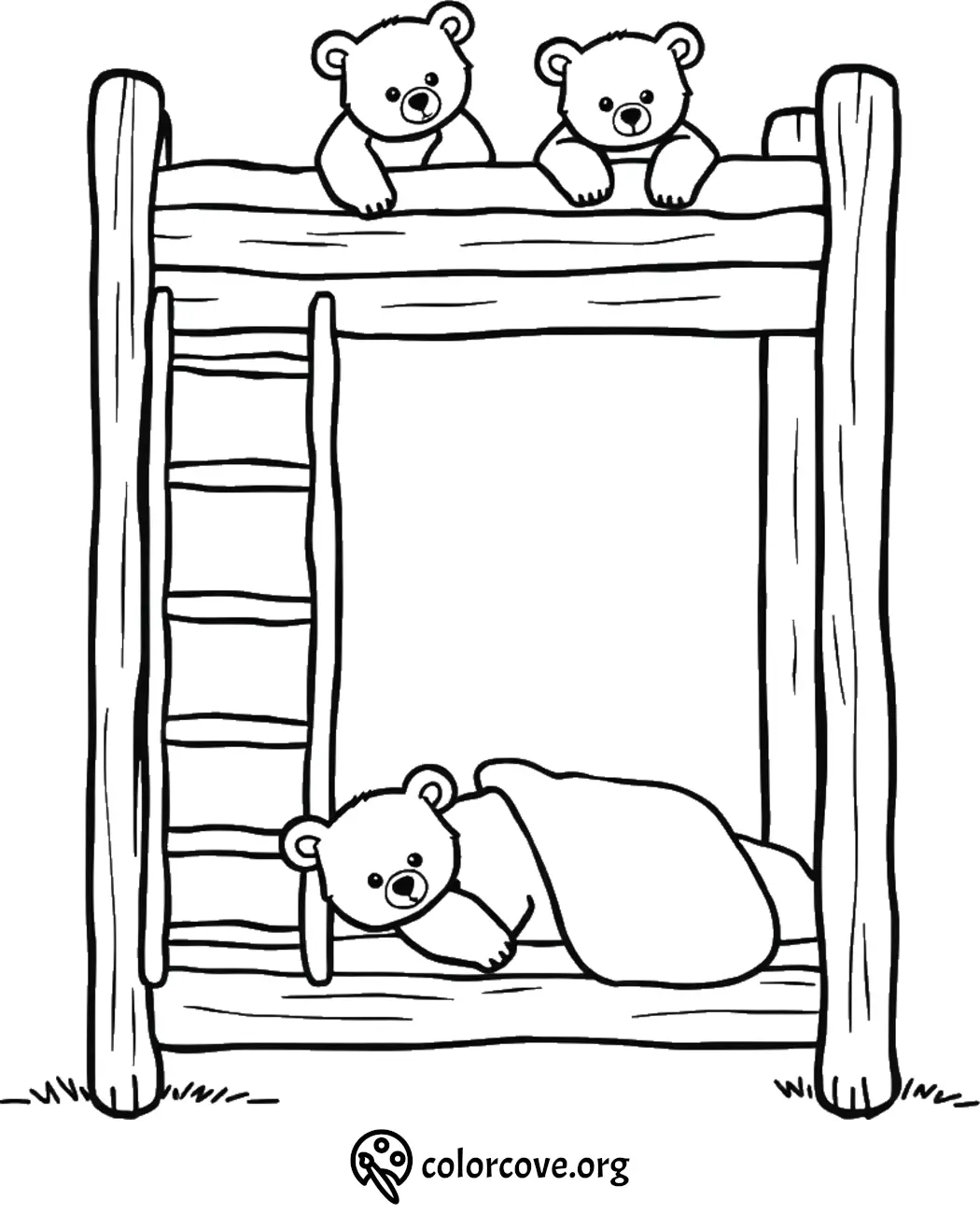 Three adorable bear cubs on a wooden bunk bed coloring page, perfect for children.