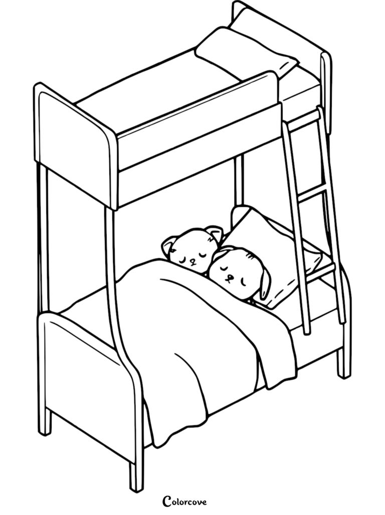 Two cute puppies sleeping together under a blanket on the bottom bunk of a metal bunk bed, coloring page.