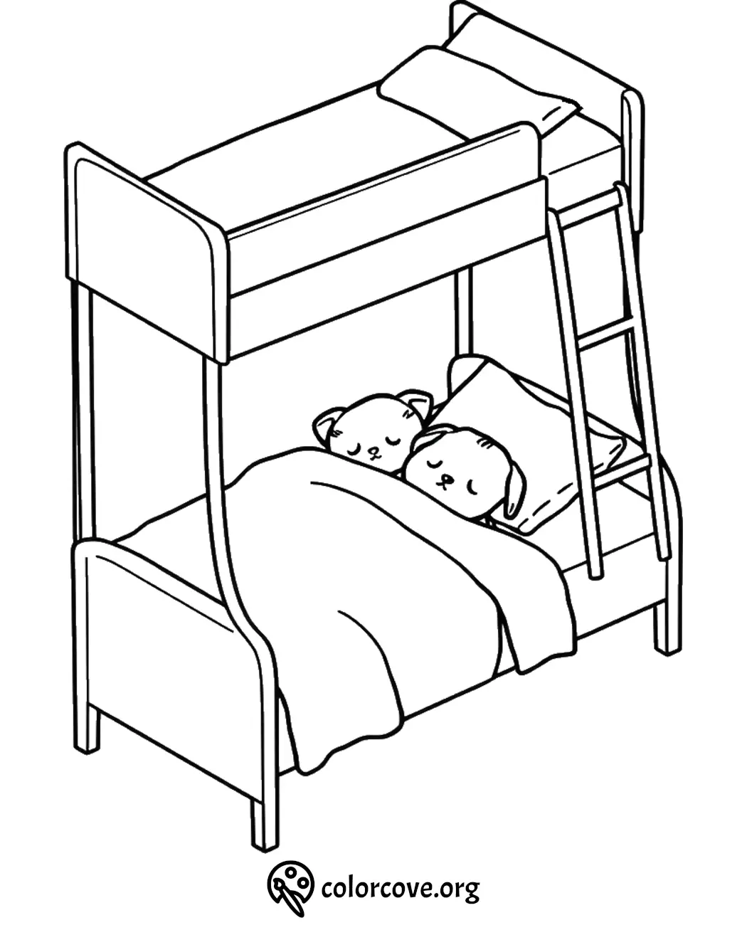 Cute puppies sleeping on bunk bed coloring page for kids. Fun and cozy bedtime illustration to color.