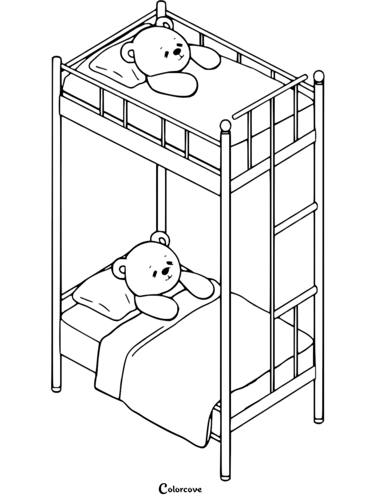 A simple line art coloring page featuring two cute teddy bears sleeping on the top and bottom bunks of a metal bunk bed frame.