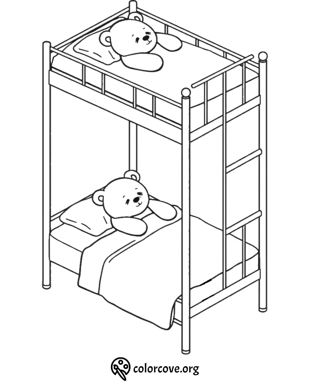 Teddy bears sleeping on a bunk bed coloring page. Download and color this cute, cozy scene.