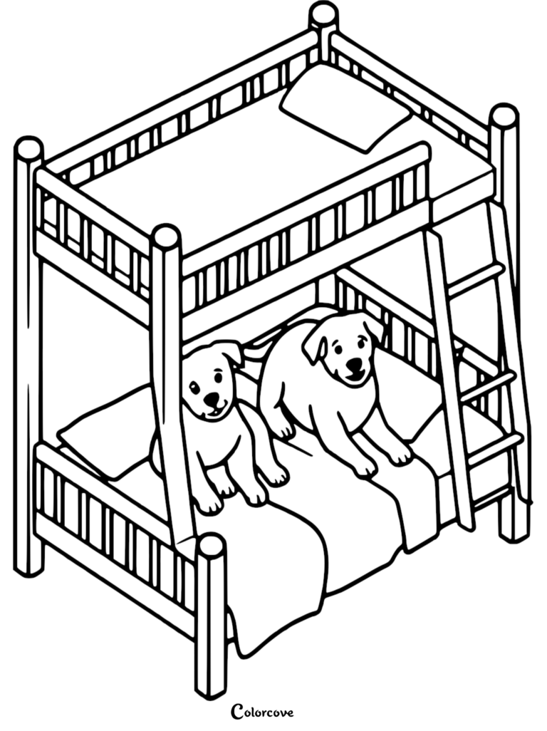 Two cute puppies sitting on the bottom bunk of a wooden bunk bed, coloring page illustration.