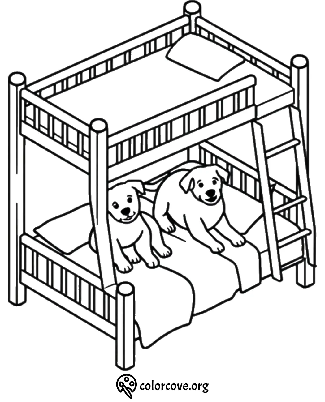 Two playful puppies on a bunk bed coloring page from colorcove.org. Perfect for kids' creative fun!