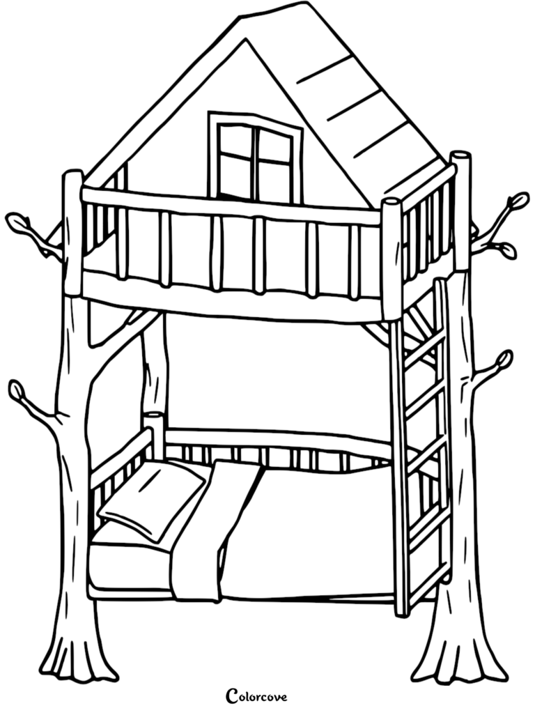A black and white coloring page featuring a rustic bunk bed designed like a treehouse with a ladder, roof, and window.