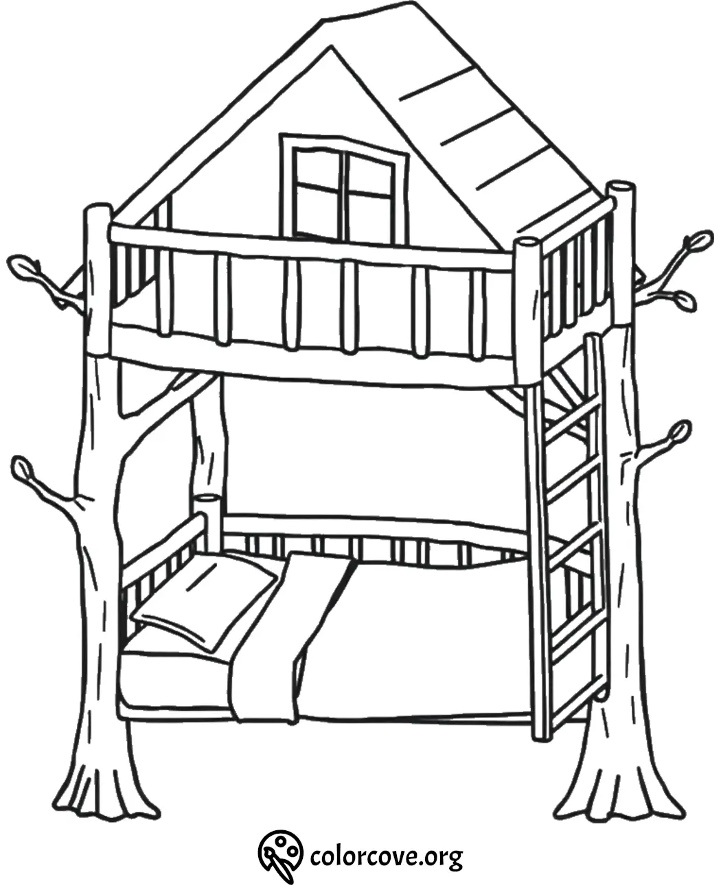 Treehouse bunk bed coloring page with ladder and railing for kids to color.