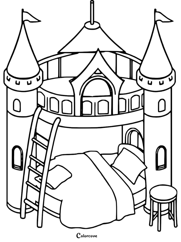 A line art coloring page of a castle-themed bunk bed featuring two tall turrets with flags, a ladder leading to the upper loft, and a cozy lower bed with a small stool nearby.