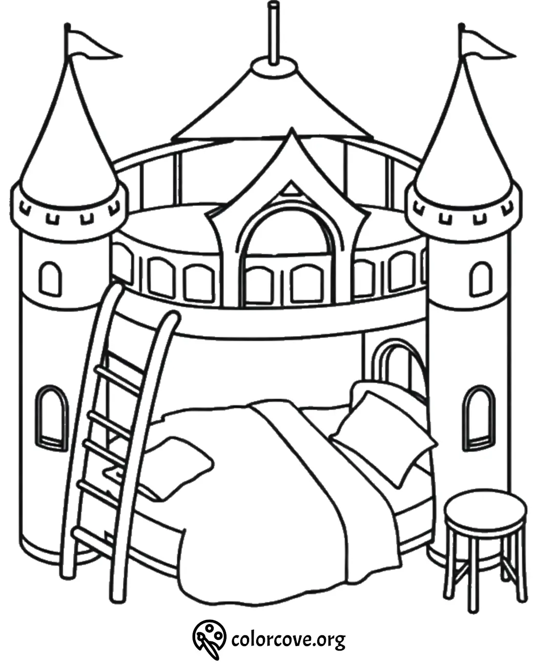 Castle bunk bed coloring page with ladder and turrets for kids. Fun printable activity from colorcove.org.