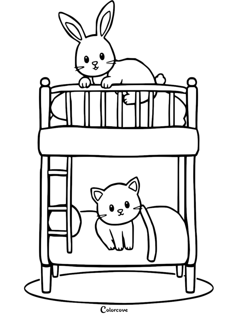 A cute rabbit sitting on the top bunk and a kitten resting on the bottom bunk of a wooden bed in this printable coloring page.