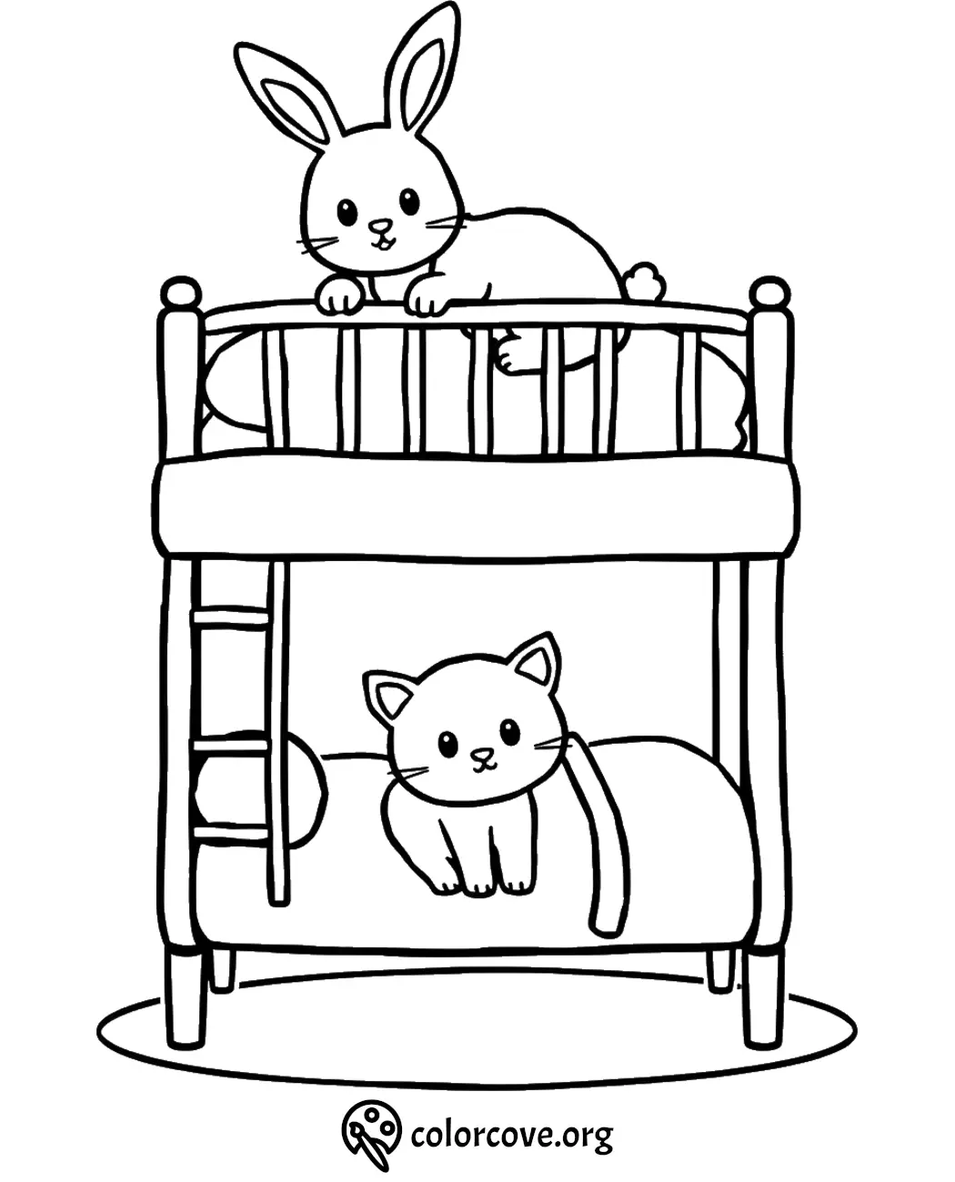 Bunny and cat on bunk bed coloring page for kids. Fun printable activity from colorcove.org.