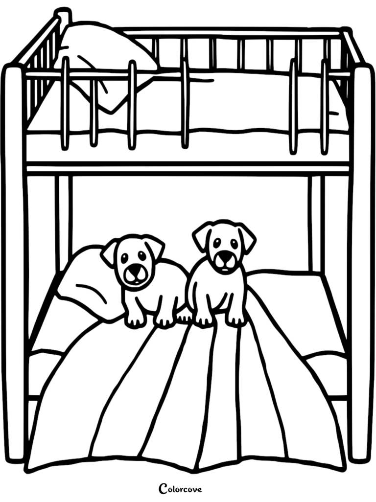 Two cute puppies sitting on the bottom bunk of a wooden bed frame, coloring page illustration.