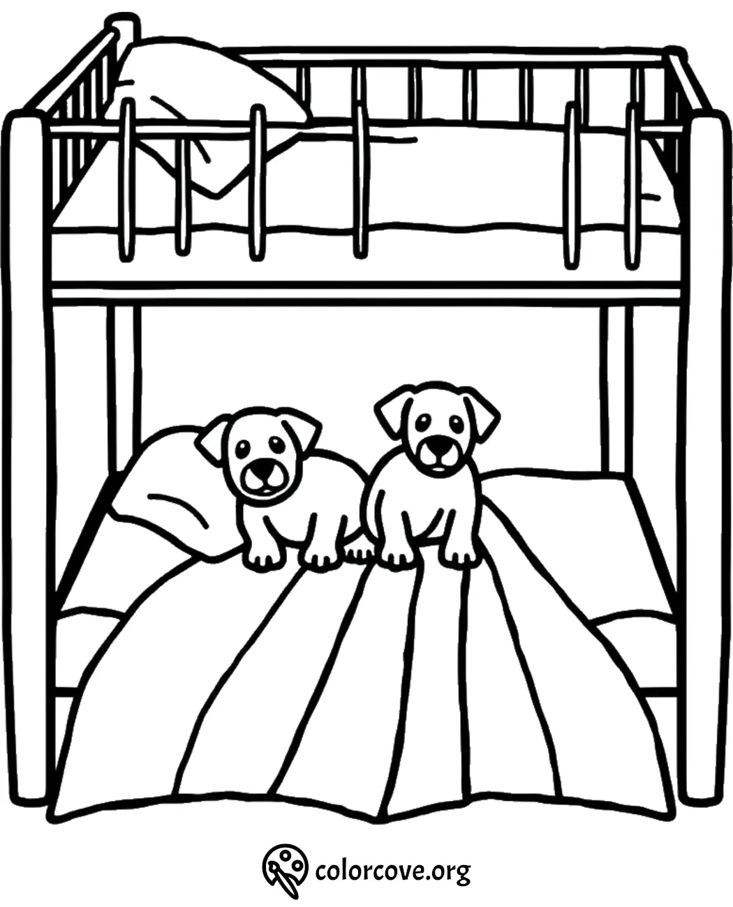 Two puppies on a blanket under a bunk bed, coloring page for kids.