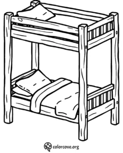 Bunk bed coloring page with pillows and blankets, ideal for kids' creative activities.