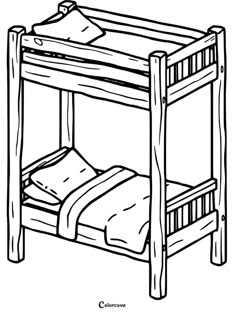 A simple line art coloring page of a wooden bunk bed with pillows and blankets on both levels.