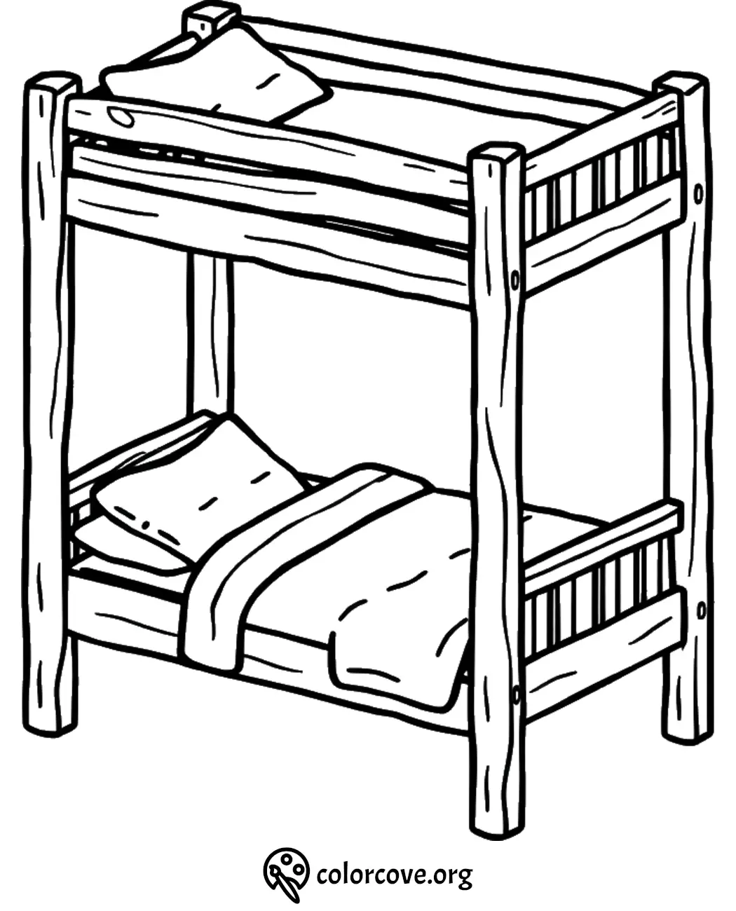 Bunk bed coloring page with pillows and blankets, ideal for kids' creative activities.