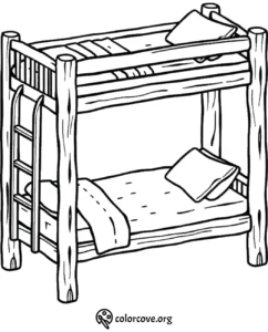 Bunk bed coloring page with ladder, pillows, and blankets for kids' activities and creativity.