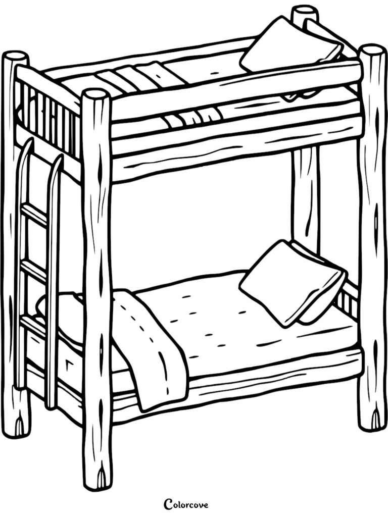 A rustic wooden bunk bed with a ladder, pillows, and blankets on both levels, presented as a clean line art coloring page.