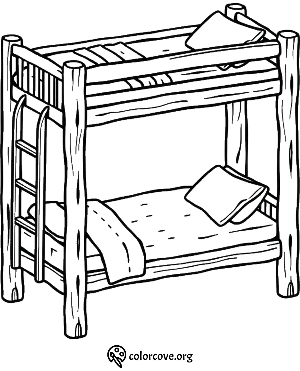 Bunk bed coloring page with ladder, pillows, and blankets for kids' activities and creativity.