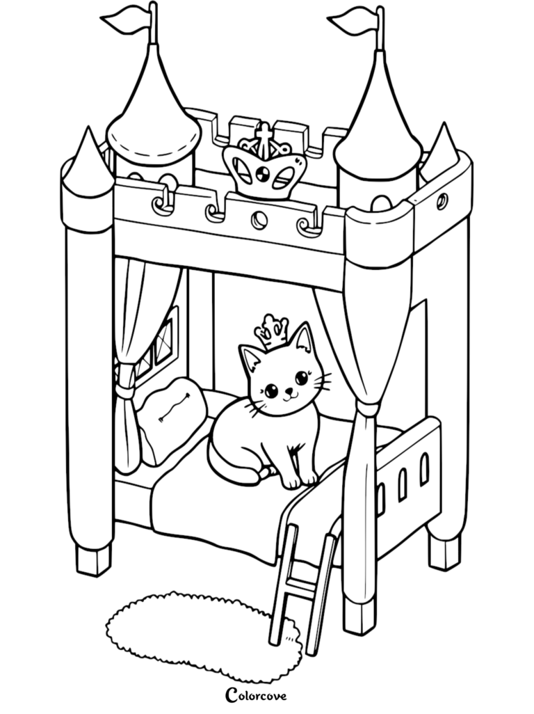 A cute kitten wearing a crown sitting on a castle-themed bunk bed coloring page with turrets and curtains.