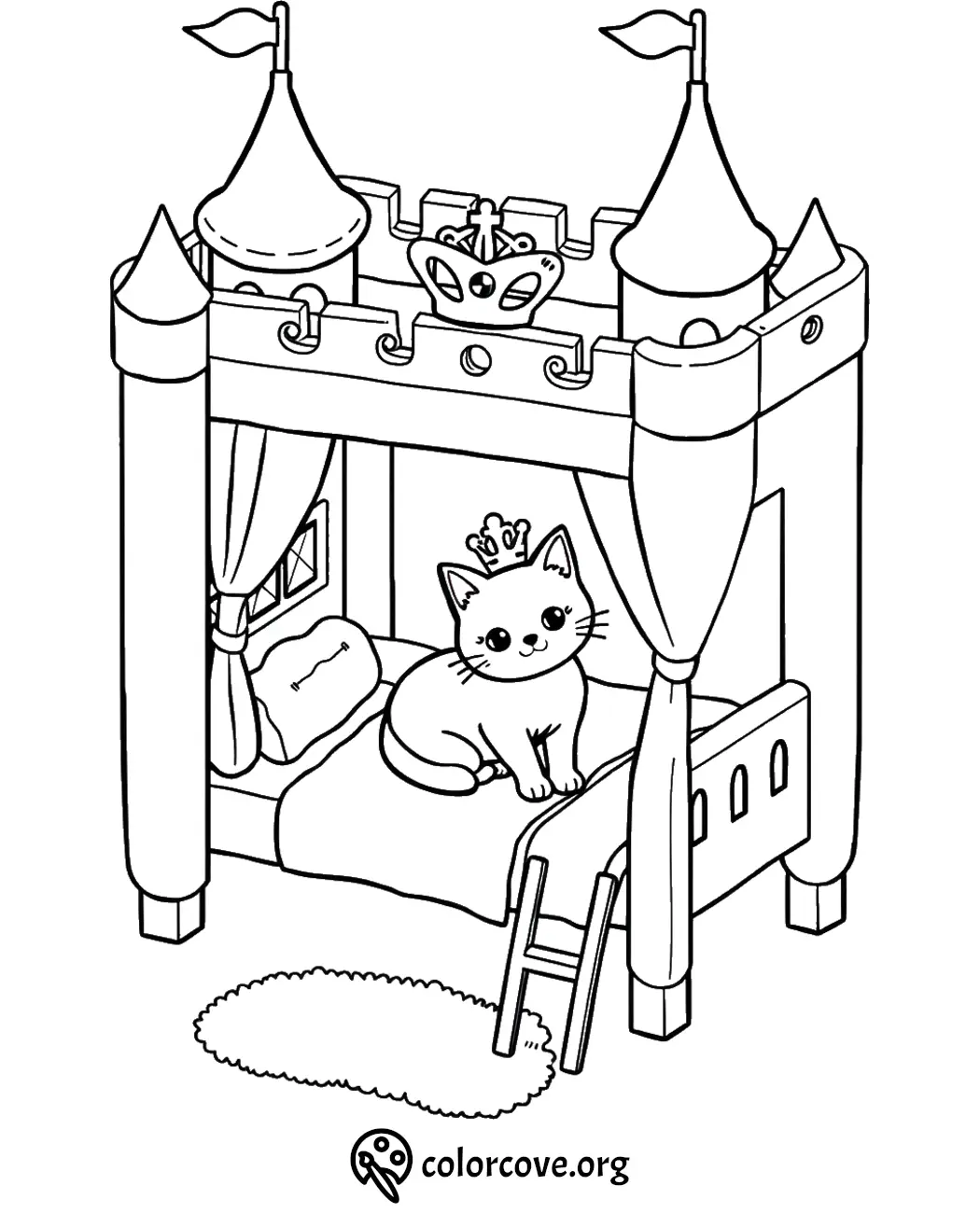 Cat in a royal-themed bed coloring page; perfect for kids' creative fun.