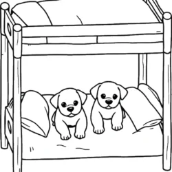 Two puppies on a bunk bed coloring page for kids - free printable.