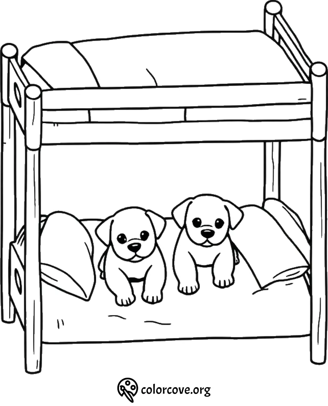 Two puppies on a bunk bed coloring page for kids - free printable.