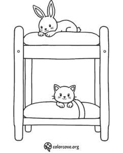 Cute animal coloring page with a bunny on top bunk and cat below. Perfect for kids and pet lovers.