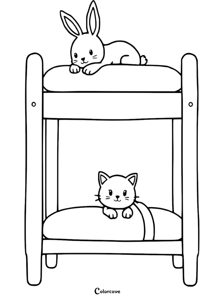 A cute bunny resting on the top bunk and a kitten tucked into the bottom bunk of a wooden bed in this printable coloring page.