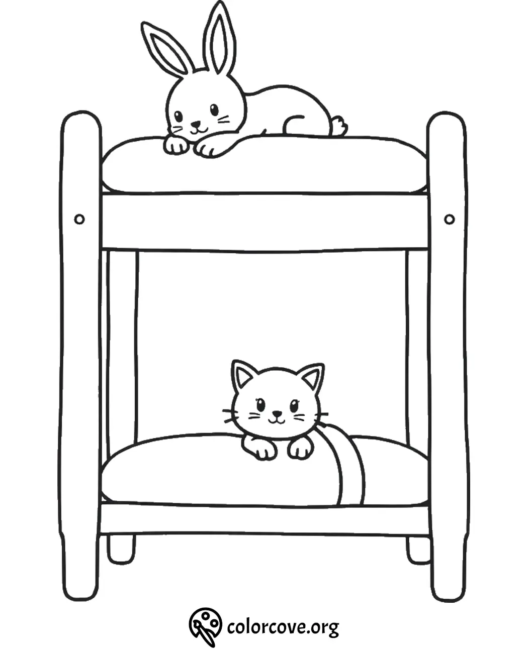 Cute animal coloring page with a bunny on top bunk and cat below. Perfect for kids and pet lovers.