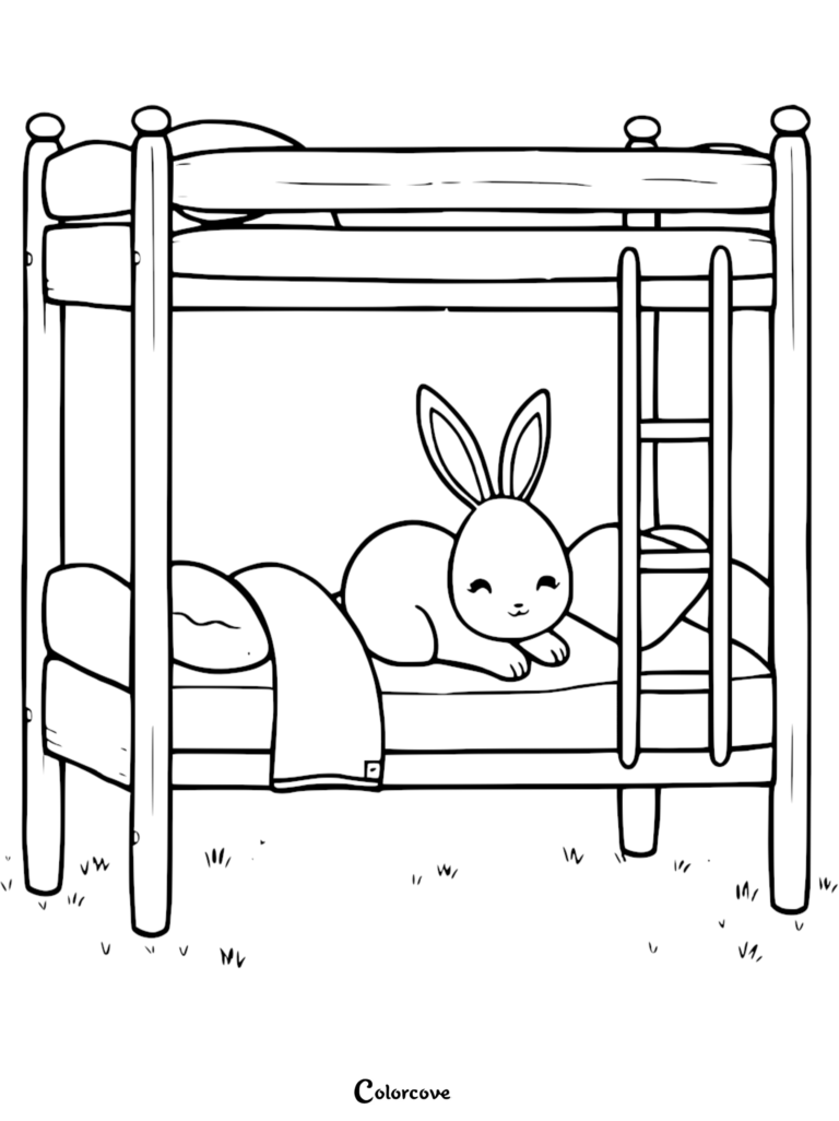 A cute bunny resting on the bottom bunk of a wooden bunk bed, detailed line art coloring page.