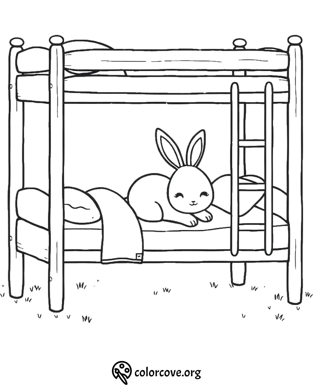 Cute bunny resting on bunk bed coloring page. Fun and creative activity for kids. Download and color this adorable scene.