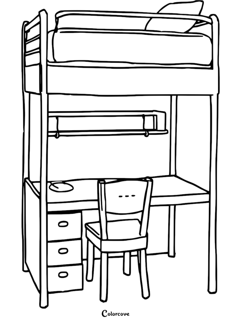 A line art coloring page of a loft bed featuring a built-in desk, three drawers, a chair, and a shelf underneath.