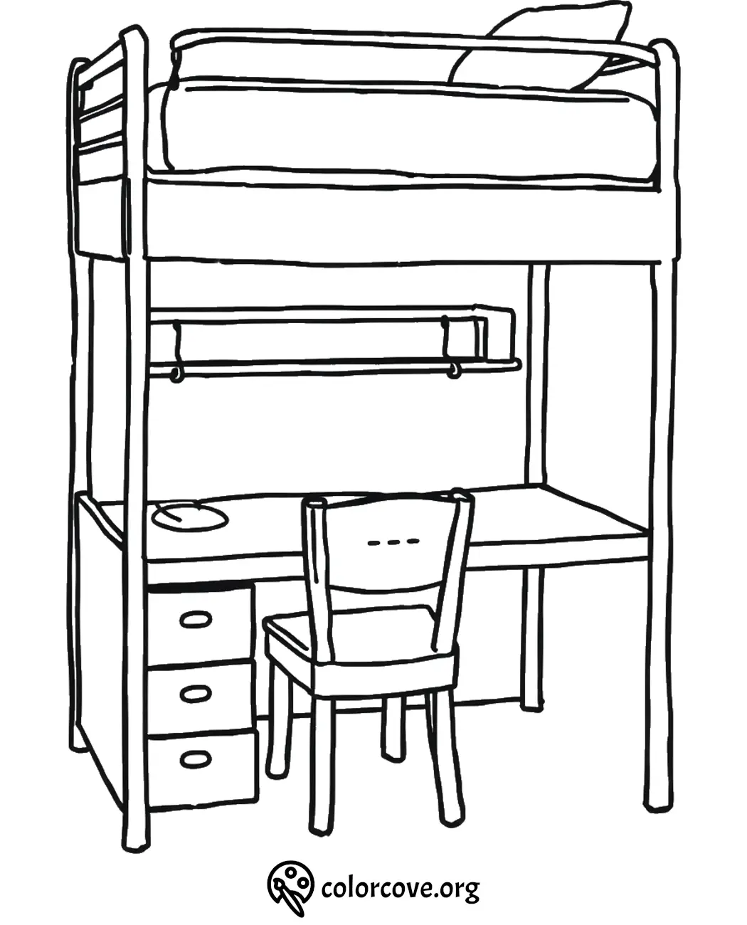 Loft bed with desk and chair coloring page, ideal for kids' room decor activities.