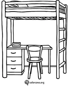 Loft bed with ladder, desk, and chair coloring page for kids.