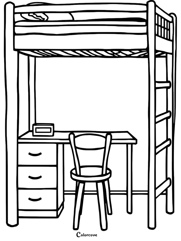 A black and white coloring page featuring a lofted bunk bed with a built-in desk, three-drawer dresser, chair, and ladder.