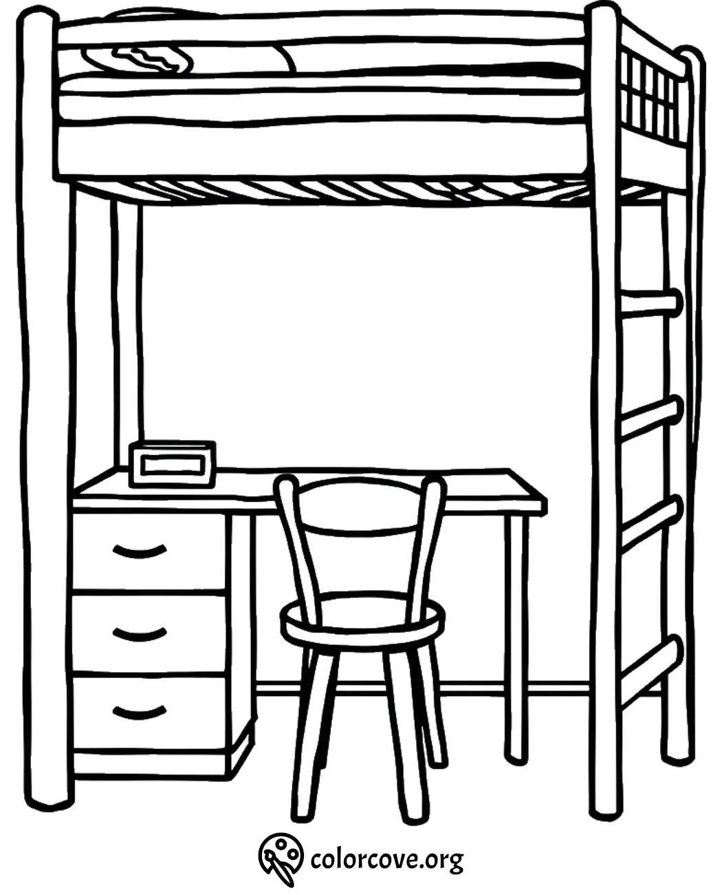 Loft bed with ladder, desk, and chair coloring page for kids.