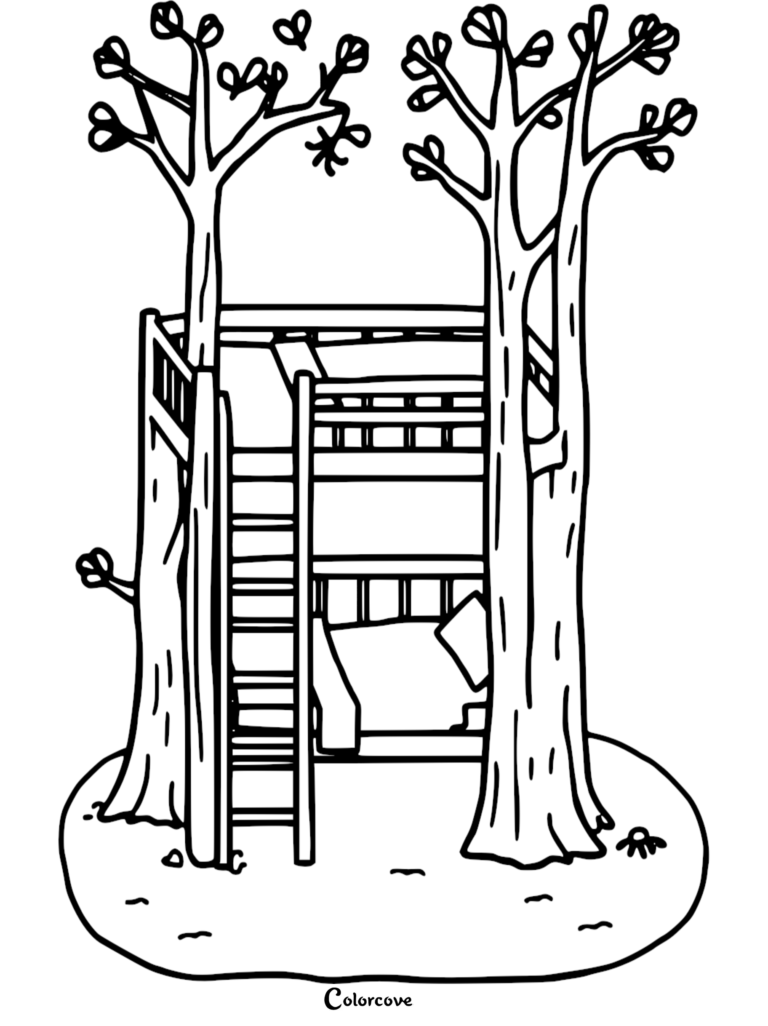 A whimsical bunk bed nestled between two tall trees, featuring a ladder and pillows, presented as a black and white coloring page.