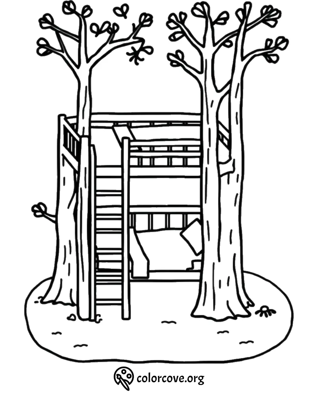 Treehouse coloring page with a bunk bed and ladder, surrounded by trees. Ideal for kids' creative activities.