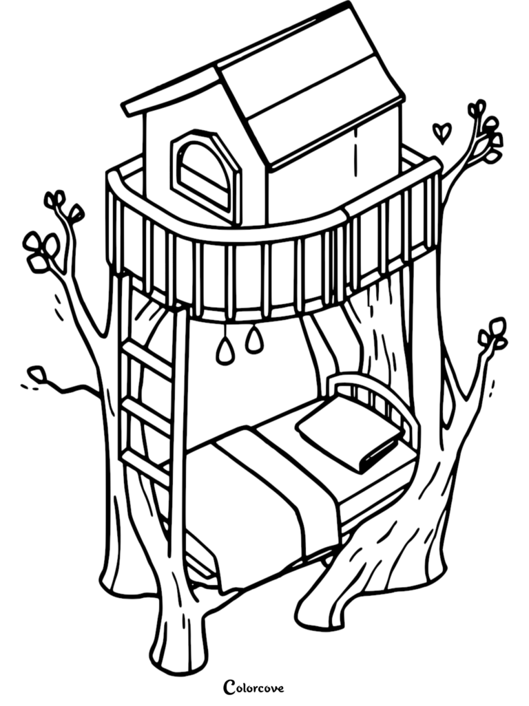 A whimsical treehouse bunk bed coloring page featuring a lower bed nestled between two tree trunks and a small house structure on the top bunk.