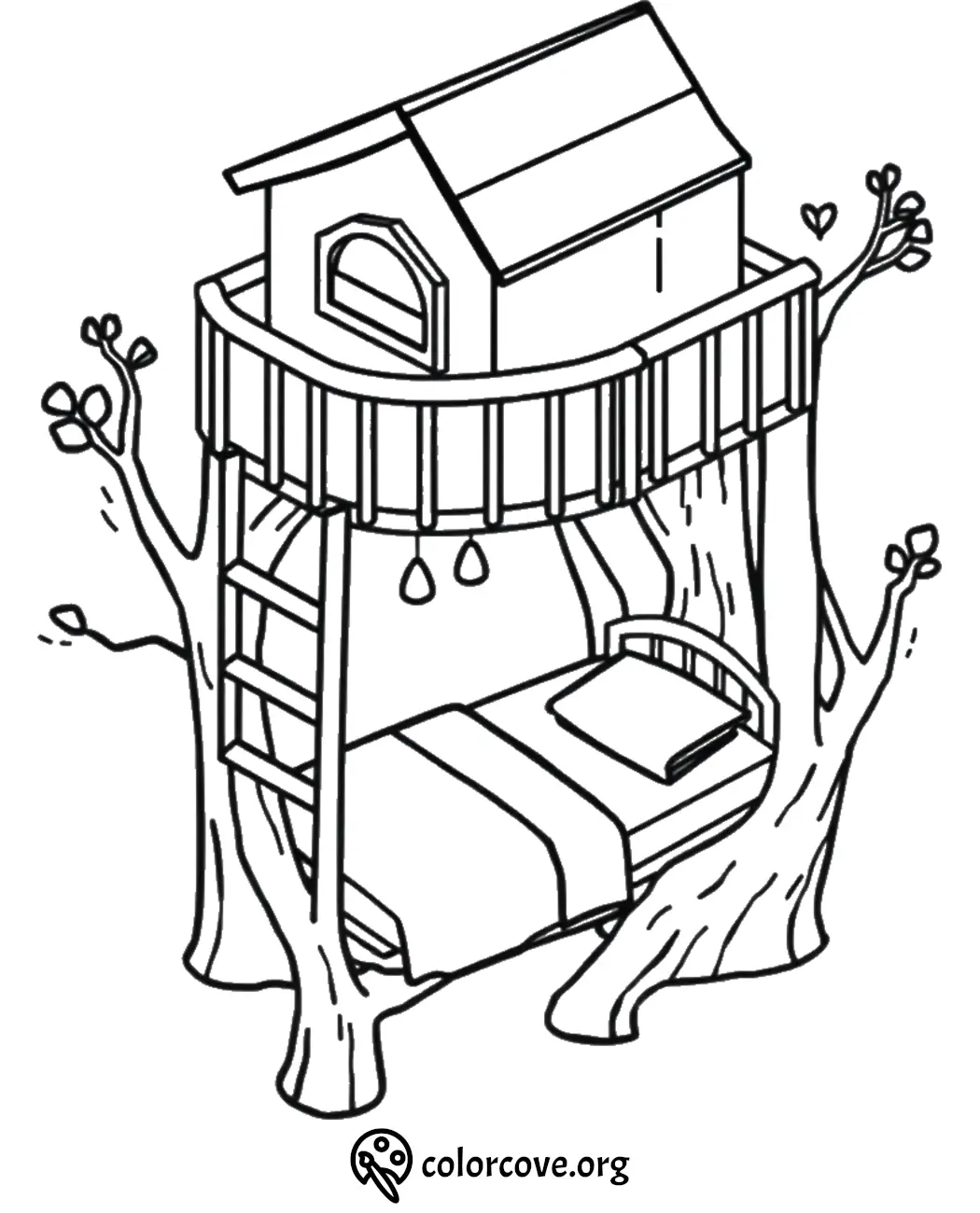 Treehouse bed coloring page with ladder and trees, perfect for kids’ creativity and fun.