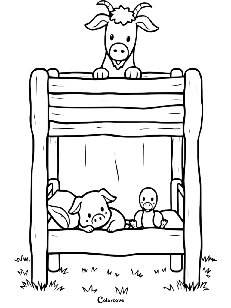 A goat looking over the top bunk while a pig and a duckling rest on the bottom bunk in this cute animal coloring page.