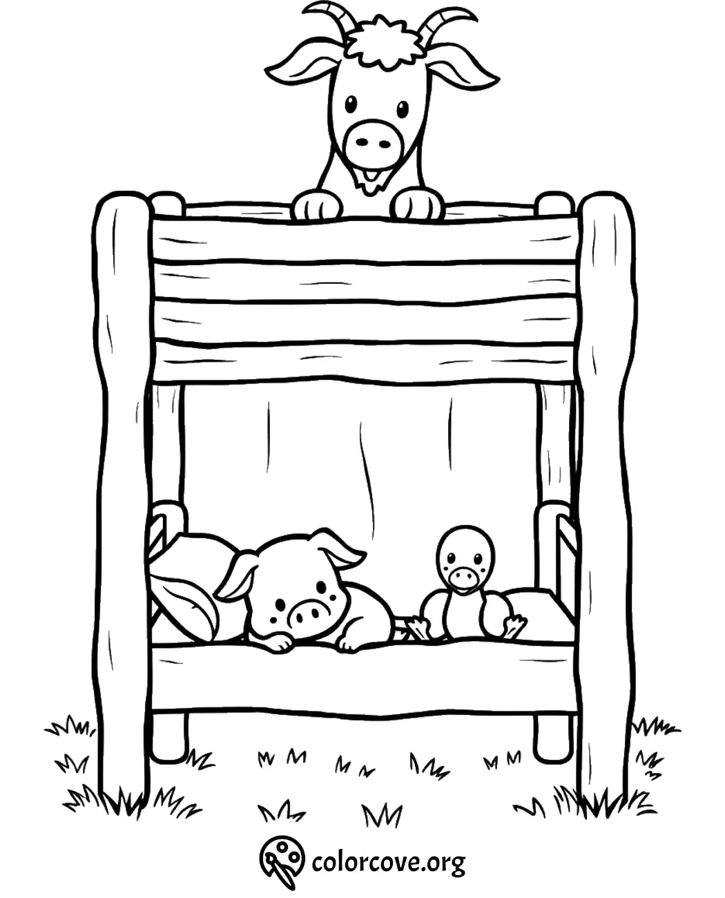 Cute farm animals on bunk bed coloring page: goat on top, piglet and duckling below. Printable and fun for kids.