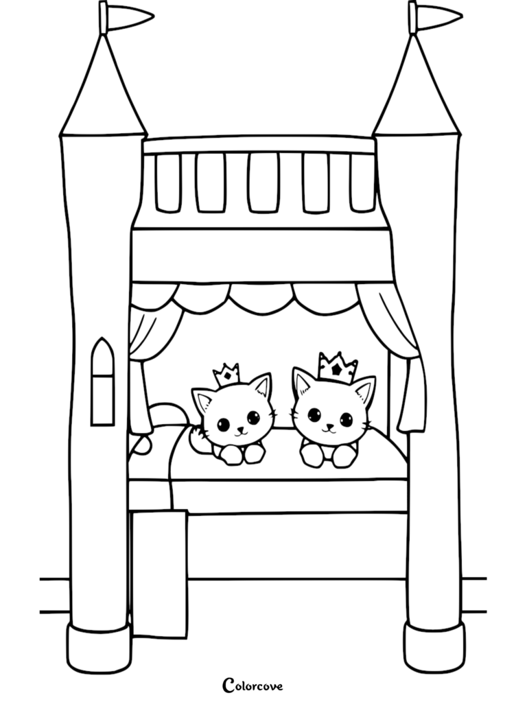 Two cute kittens wearing crowns sitting on a castle-themed bunk bed, printable coloring page.