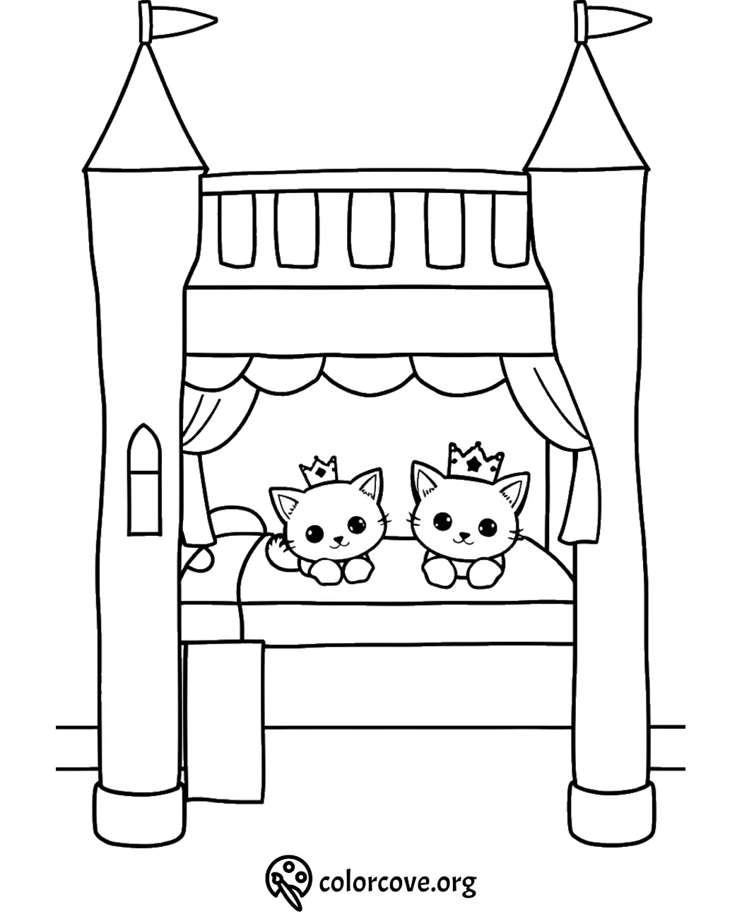 Cats with crowns in a castle bunk bed coloring page from colorcove.org. Perfect for kids' creative fun.