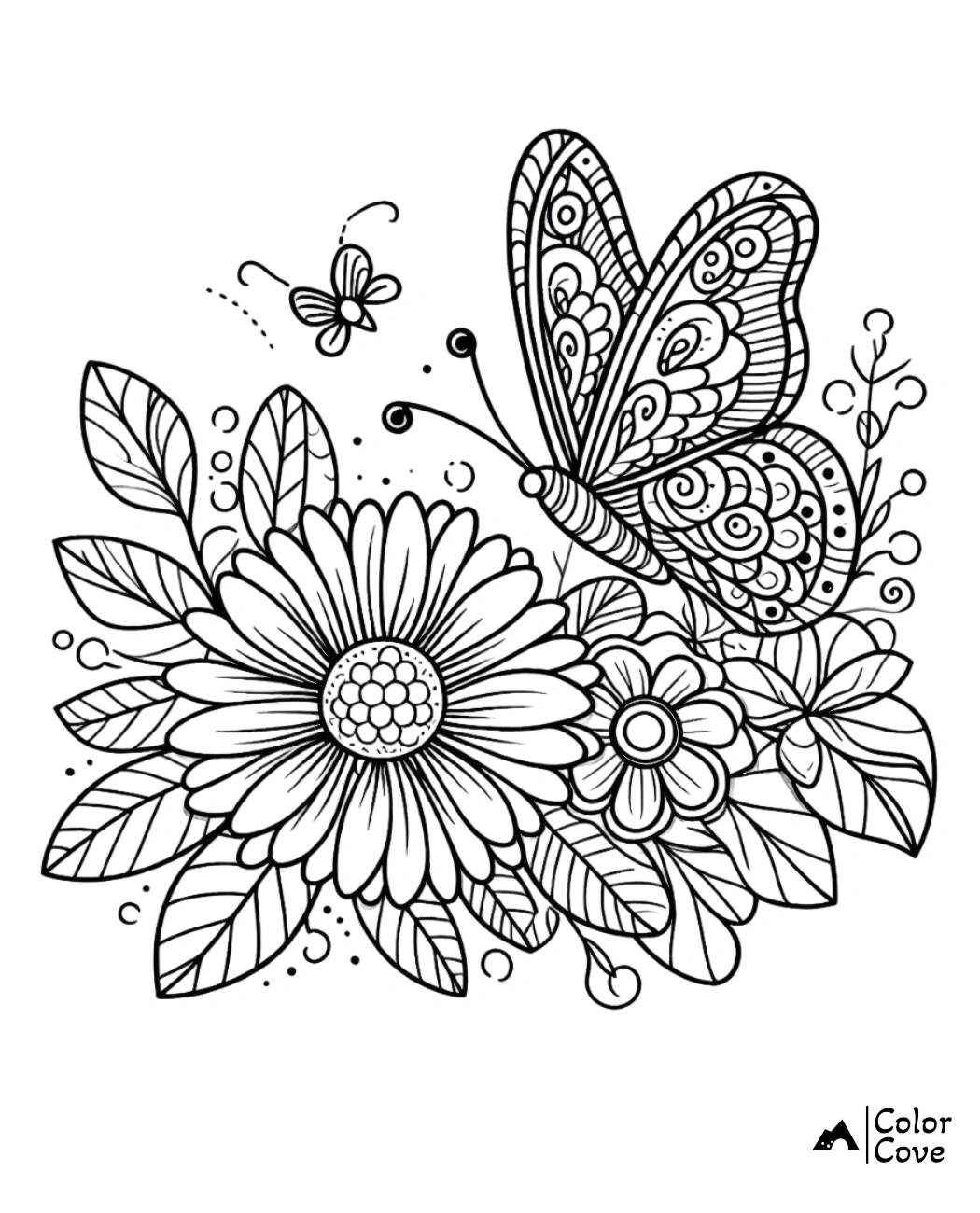 a black and white drawing of a butterfly and flowers