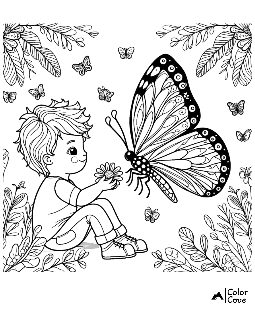 a cartoon of a boy sitting and holding a flower with a butterfly