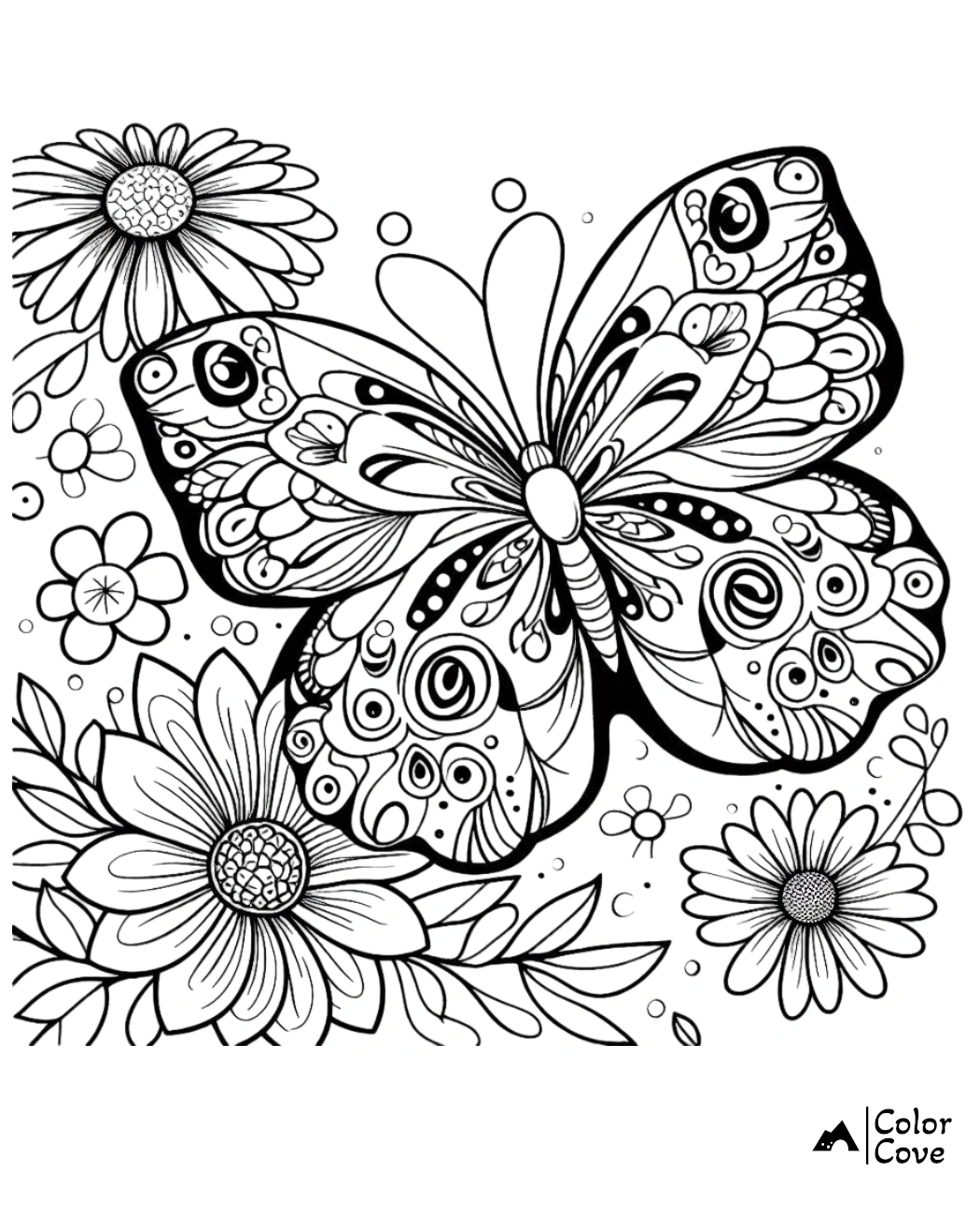 a butterfly and flowers coloring page