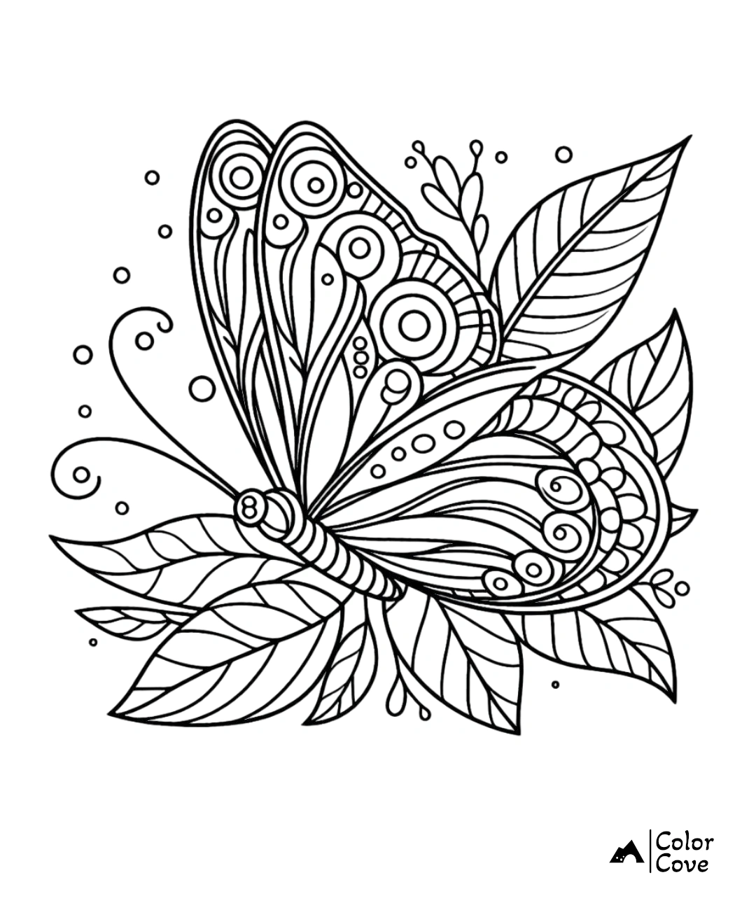 a butterfly with leaves and swirls