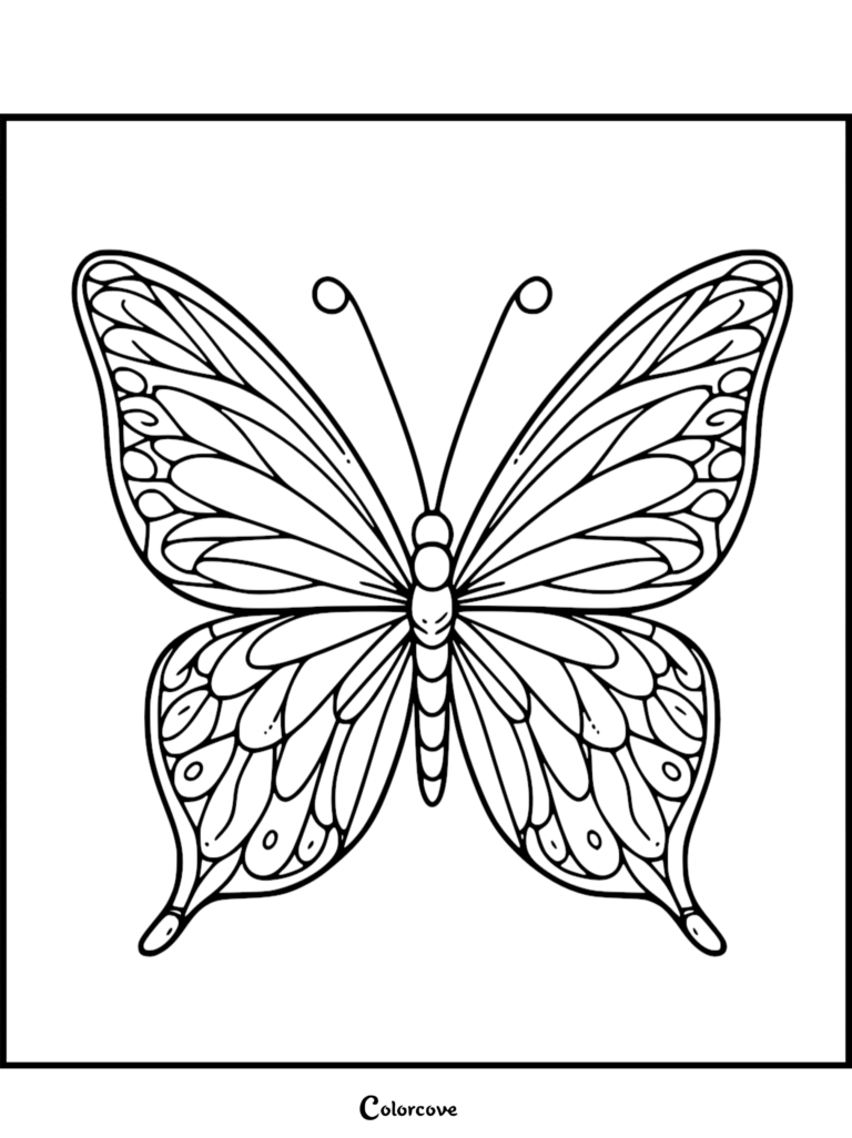 A detailed line art coloring page of a symmetrical butterfly with intricate wing patterns and delicate antennae.